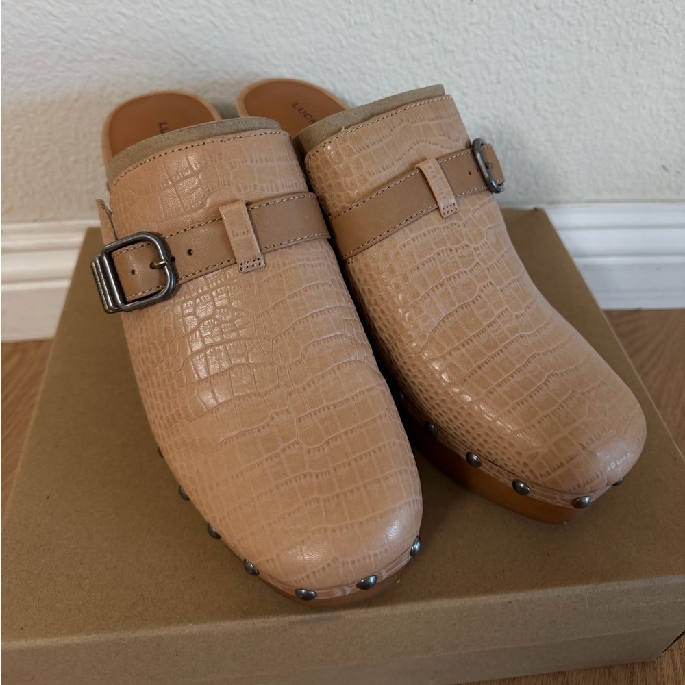 Lucky Brand Tan Clog Heels Dusty Sand Essex Croco Leather NWT Size 11M - Picture 1 of 9